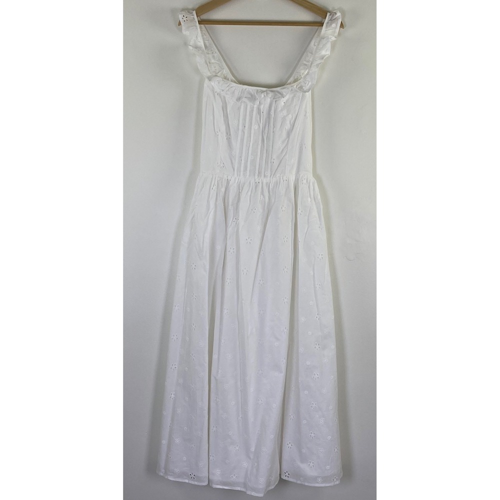 Petal & Pup Bronte Midi Dress L Cotton Ruffle Strap Square White Eyelet Romantic